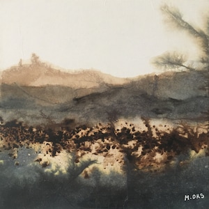 Peinture originale paysage abstrait en brun et gris, encres et collage sur carton entoilé, peinture originale. Art abstrait