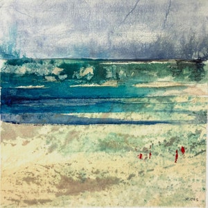 Peinture originale paysage de mer abstrait, aquarelle encres et collage sur carton entoilé. Art contemporain.
