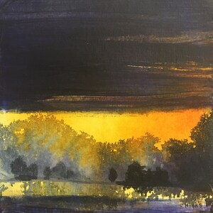 Original abstract autumn waterscape painting , ink, collage and acrylic on canvas.