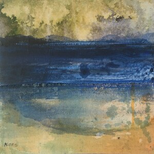 Paysage d'eau abstrait, peinture originale sur carton entoilé, encres et collage. Art contemporain