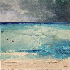 Paysage de mer abstrait, peinture originale encres, acrylique et collage sur carton entoilé.