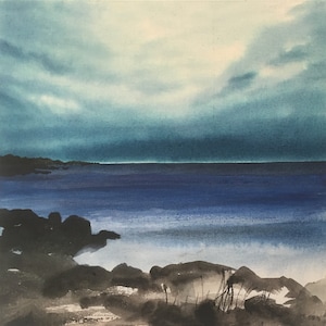Seascape original painting ink and acrylic on canvas. Abstract landscape, contemporary art.