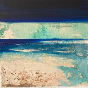 Paysage de mer. Peinture originale encres et collage sur carton entoilé, paysage abstrait.