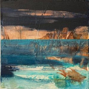 Pintura de paisaje abstracto, pintura original sobre lienzo técnica mixta Arte contemporáneo. Orilla del mar.