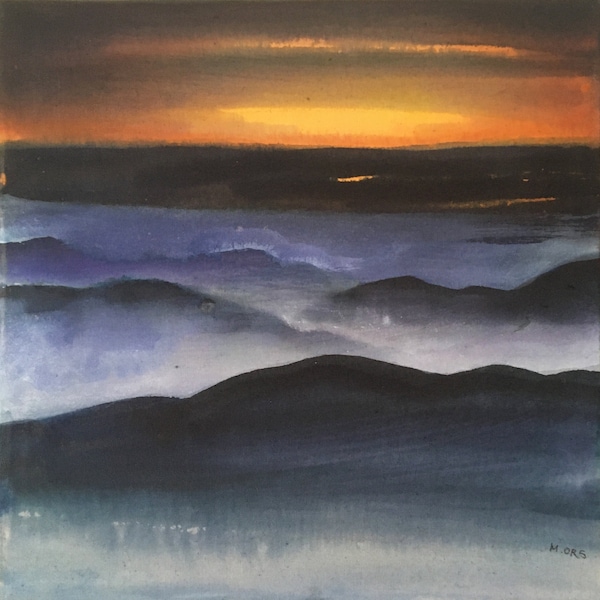 Original landscape sunset winter on mountains, ink on canvas. Original painting, abstract landscape.
