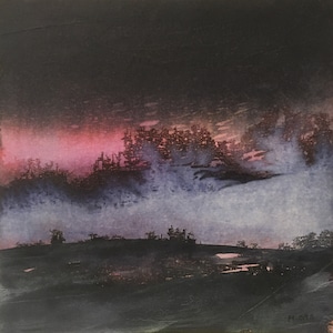 Tableau paysage de montagnes au crépuscule, peinture originale encres et contact sur carton entoilé.