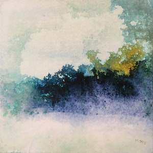 Neige, peinture originale encres et collage sur carton entoilé. Paysage abstrait. Art contemporain.