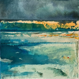 Peinture originale paysage de mer, encres, acrylique et collage sur carton entoilé. Art contemporain
