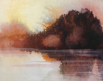 Kleines Landschaftsbild von Original-Wasser-Farbe. Landschaft des Herbstes. Mischtechnik auf Pappe.