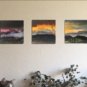 Triptyque - paysages de campagne au crépuscule. Encres et collage sur cartons entoilés