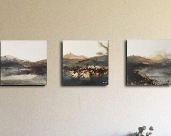 Set of 3 original paintings, abstract landscapes. Ink and collage on canvas board.