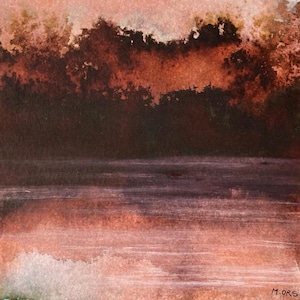 Paysage original abstrait, rivière en automne, encres et collage sur carton entoilé