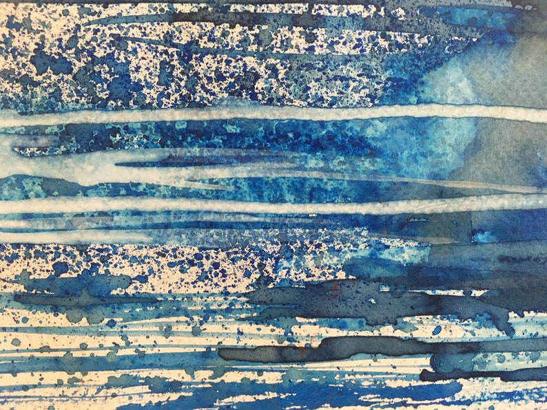 May include: Abstract watercolor painting with horizontal blue, white, and gray stripes. The background is a light beige color with blue and gray splatters.