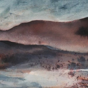 May include: Abstract watercolor painting of a landscape with a hazy, blue sky and brown hills in the distance. The painting has a soft, dreamy feel.