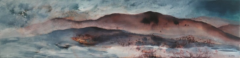 May include: Abstract watercolor painting of a landscape with a hazy, blue sky and brown hills in the distance. The painting has a soft, dreamy feel.