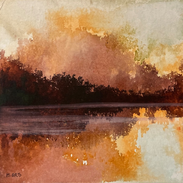 Paysage de lac en automne. Peinture originale encres et collage sur carton entoilé.