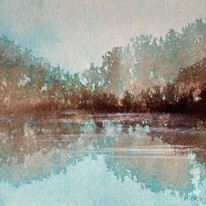Peinture originale. Paysage d'eau abstrait, encres et collage sur carton entoilé