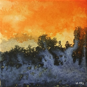 May include: Watercolor painting of a sunset over a forest. The sky is a vibrant orange and yellow, with wispy clouds. The trees are silhouetted against the sky, and the ground is a dark blue.