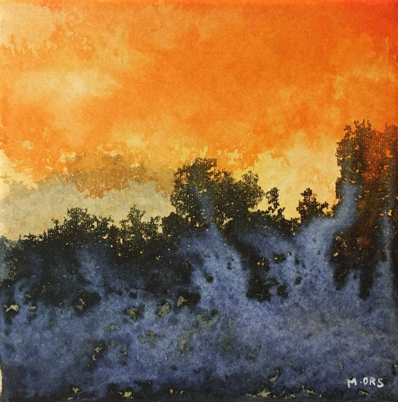 May include: Watercolor painting of a sunset over a forest. The sky is a vibrant orange and yellow, with wispy clouds. The trees are silhouetted against the sky, and the ground is a dark blue.