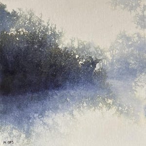 original painting on canvas board, ink and collage, abstract winter waterscape