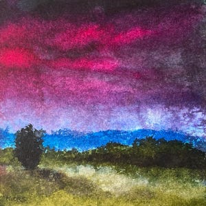 Paysage de campagne, peinture originale, encres et collage sur carton entoilé. Paysage abstrait.