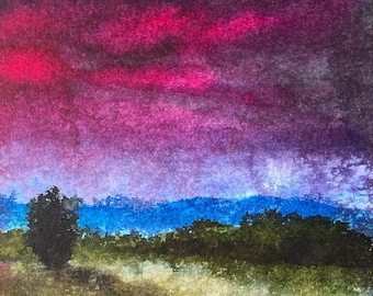 Sunset landscape original painting, ink and collage on canvas cardboard. Abstract landscape.