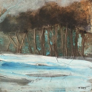 Paysage abstrait peinture originale encres et collage sur carton entoilé.