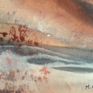 May include: Abstract painting with brown, orange, and blue hues. The painting has a textured surface and a subtle, layered effect. The artist's signature, "M.ORS", is visible in the lower right corner.