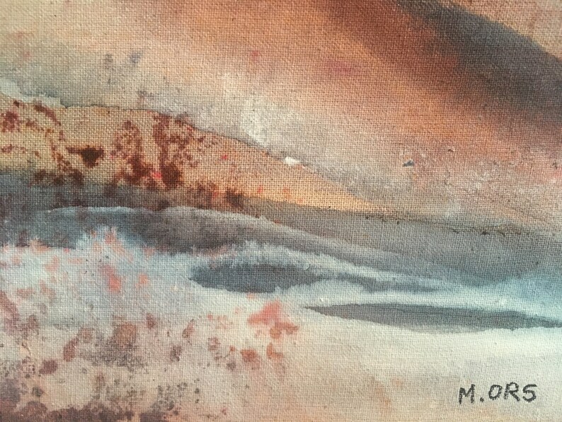 May include: Abstract painting with brown, orange, and blue hues. The painting has a textured surface and a subtle, layered effect. The artist's signature, "M.ORS", is visible in the lower right corner.