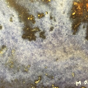 May include: Abstract watercolor painting with a blue and black background with gold accents. The painting is signed "M.ORS" in the bottom right corner.