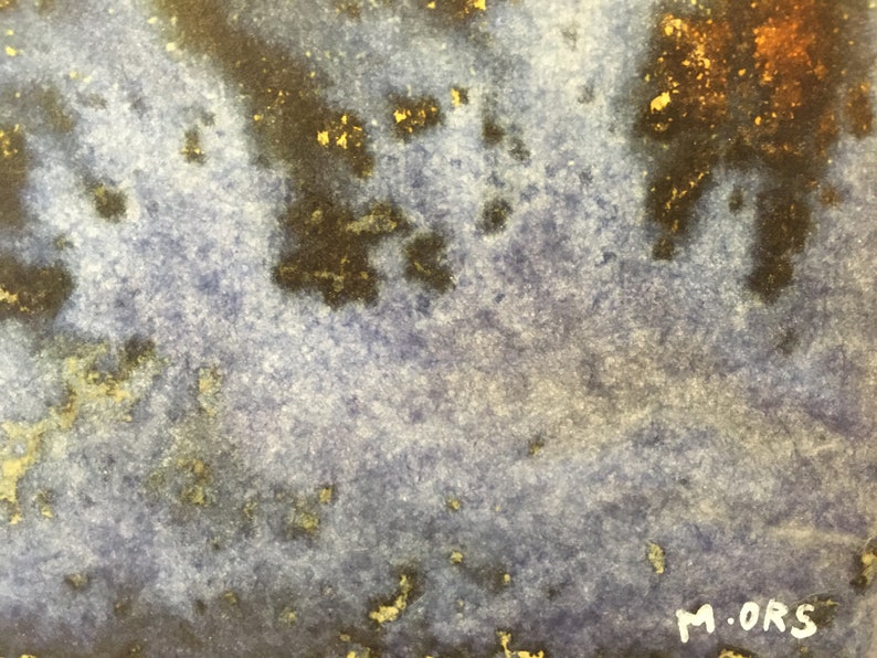 May include: Abstract watercolor painting with a blue and black background with gold accents. The painting is signed "M.ORS" in the bottom right corner.