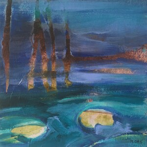 Paysage abstrait, peinture originale encres, acrylique et collage sur carton entoilé art contemporain.