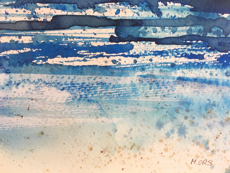 May include: Abstract watercolor painting with blue and white stripes and splatter paint. The painting has a light brown background with the artist's signature "M.ORS" in the bottom right corner.