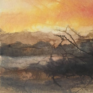 Paysage abstrait, encres et collage sur carton entoilé, peinture originale, peinture aquarelle abstraite, art contemporain