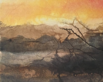 Abstract landscape painting, Ink and collage on canvas board, original painting. Contemporary art.