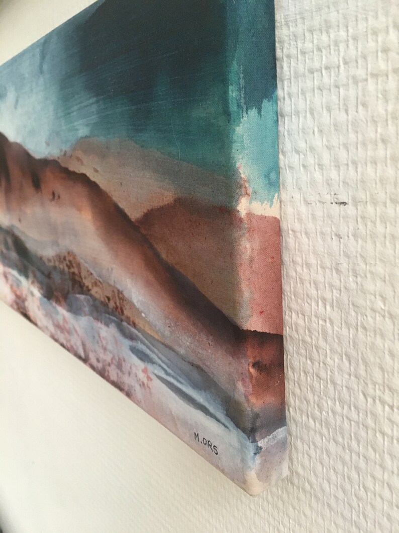 May include: Abstract painting on canvas with a blue, green, and brown color scheme. The painting features a figure lying down with a textured background. The artist's signature, "M.ORS", is visible in the lower right corner.
