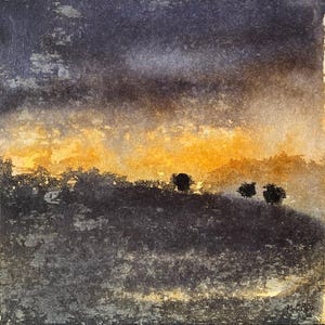 Peinture originale, paysage d'hiver orange, gris et noir, encres et collage sur carton entoilé. Art abstrait. Art contemporain.