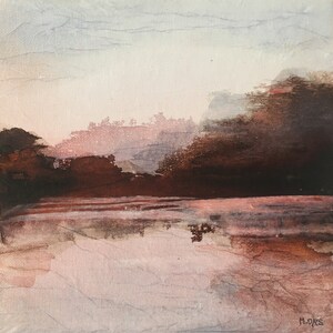Paysage  d'eau abstrait encres et collage sur carton entoilé. Art contemporain, peinture originale