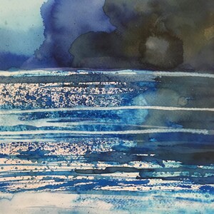 May include: Abstract watercolor painting of a stormy seascape with dark blue and gray clouds over a blue and white striped ocean.