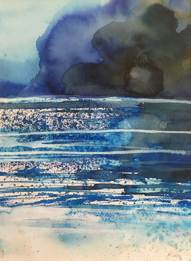 May include: Abstract watercolor painting of a stormy seascape with dark blue and gray clouds over a blue and white striped ocean.