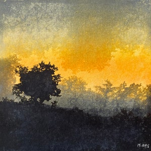 Peinture originale paysage abstrait encres et collage sur carton entoilé