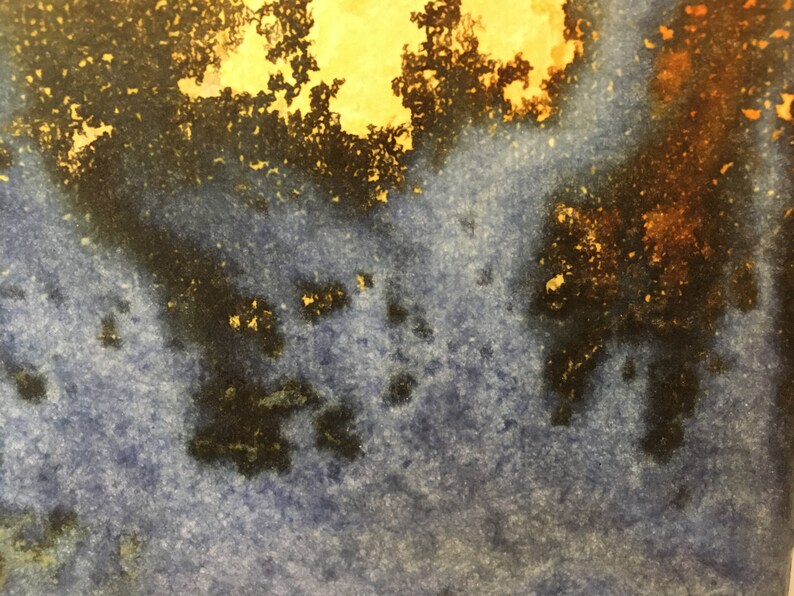 May include: Abstract watercolor painting with a blue background and splashes of yellow, orange, and black paint.