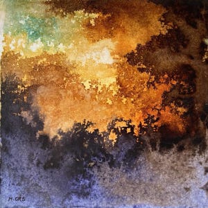 Forest landscape, original painting, trees at sunset, ink and collage on canvas cardboard. Abstract landscape.