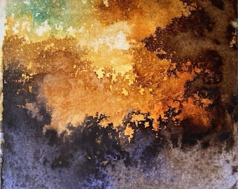 Forest landscape, original painting, trees at sunset, ink and collage on canvas cardboard. Abstract landscape.