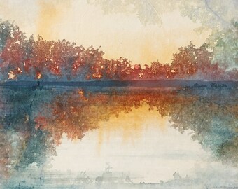 Lake landscape, original abstract art, watercolor and collage painting on canvas board