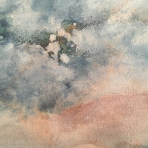 May include: Abstract painting with a soft, blended background of light blue, pink, and beige. The top of the painting features a darker blue with white and green accents.