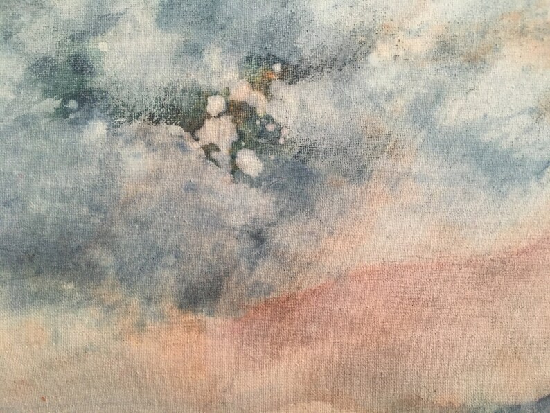May include: Abstract painting with a soft, blended background of light blue, pink, and beige. The top of the painting features a darker blue with white and green accents.