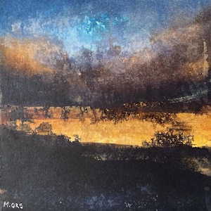 Original sunset painting, abstract autumn landscape, watercolor and collage on canvas board