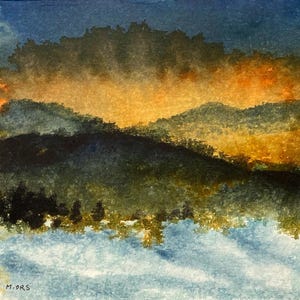Peinture originale encres et collage sur carton entoilé. Paysage d'hiver dans les Vosges