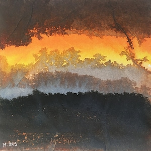 Peinture originale, paysage d'hiver abstrait encres et papier collé sur carton entoilé. Art contemporain